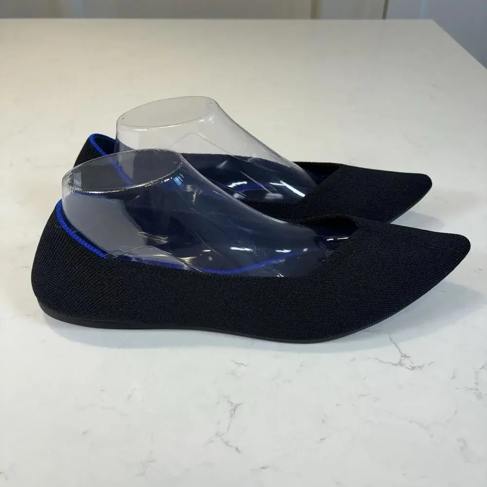 Rothy's Black Pointed Knit Flats with Blue Trim